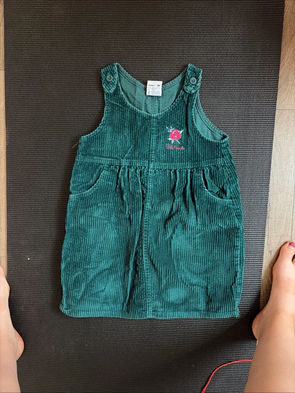 OshKosh B'gosh Teal Green Corduroy Pinafore Dress with Rose Embroidery